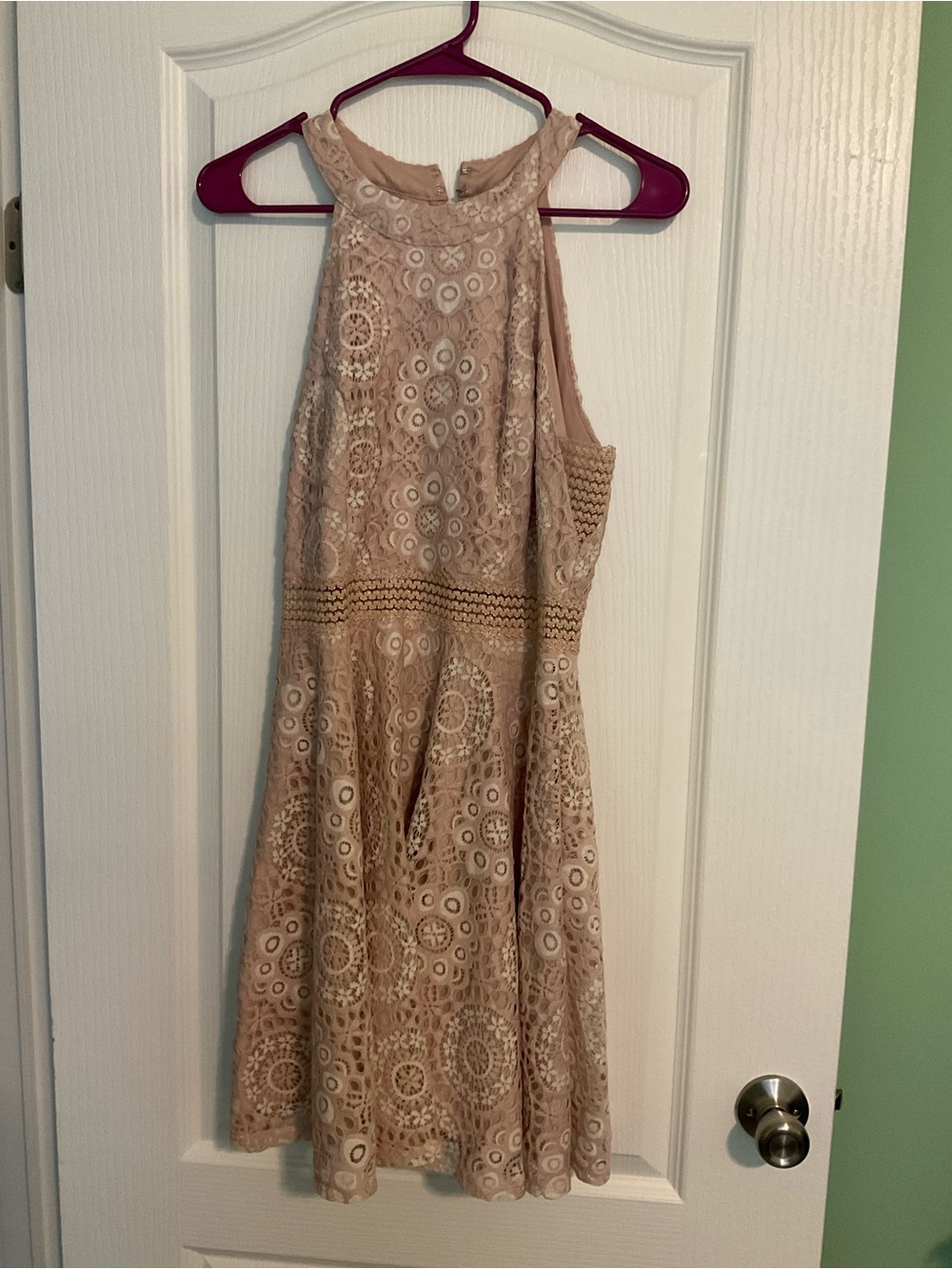 City Triangles Blush Crochet Lace Halter Mini Dress